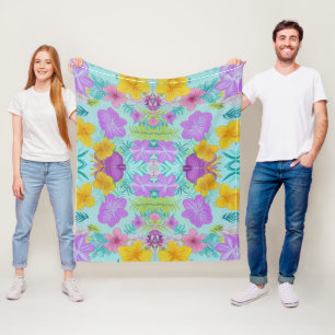 Tropical Summer Floral Pattern - Bright Hibiscus  Fleece Blanket