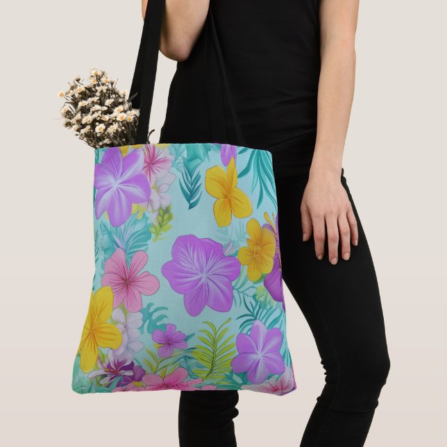 Tropical Summer Floral Pattern - Bright Hibiscus  Tote Bag (Close Up)