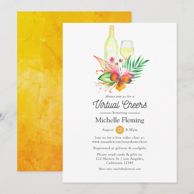 Tropical Summer Floral Wine Virtual Bridal Shower Invitation (Front/Back)