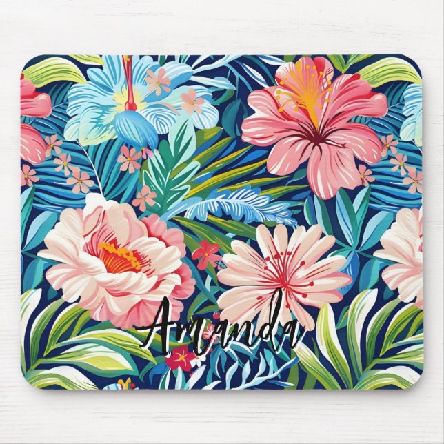 Tropical Summer Flowers Pattern Pretty Floral Mouse Pad (Front)