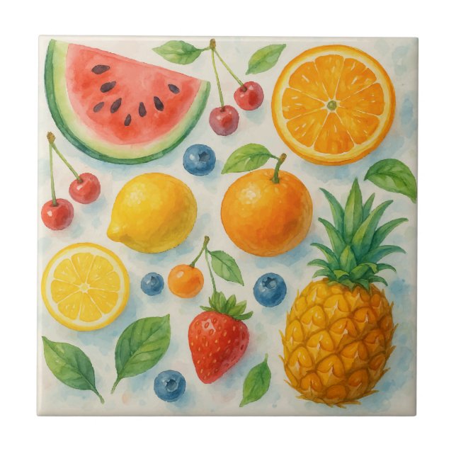Tropical Summer Fruit Tile – Watercolor Ceramic Ar (Front)