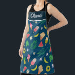 Tropical Summer fruits and Ice Cream Personalised  Apron<br><div class="desc">This is personalise apron featuring summer fruits this cute tropical pattern that have summer favourite fruits as banana,  watermelon,  pineapple,  with ice cream , popsicle,  palm leaves and monstera leaves.</div>
