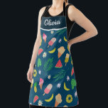 Tropical Summer fruits and Ice Cream Personalised Apron<br><div class="desc">This is personalise apron featuring summer fruits this cute tropical pattern that have summer favourite fruits as banana, watermelon, pineapple, with ice cream , popsicle, palm leaves and monstera leaves.</div>