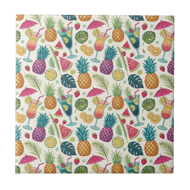 Tropical Summer Fruits & Cocktail Party Pattern Ceramic Tile (Front)