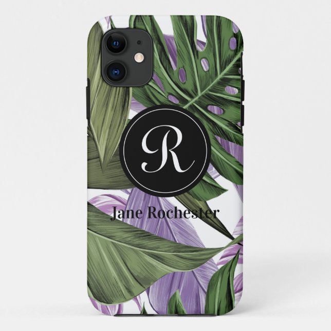 Tropical Summer Green Purple Leaves Monogram Case-Mate iPhone Case (Back)