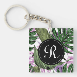 Tropical Summer Green Purple Leaves Monogram Key Ring