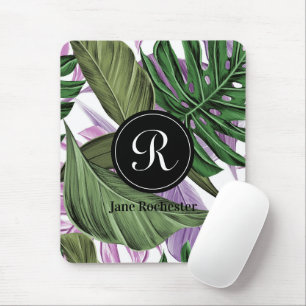 Tropical Summer Green Purple Leaves Monogram Mouse Pad