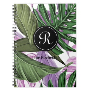 Tropical Summer Green Purple Leaves Monogram Notebook