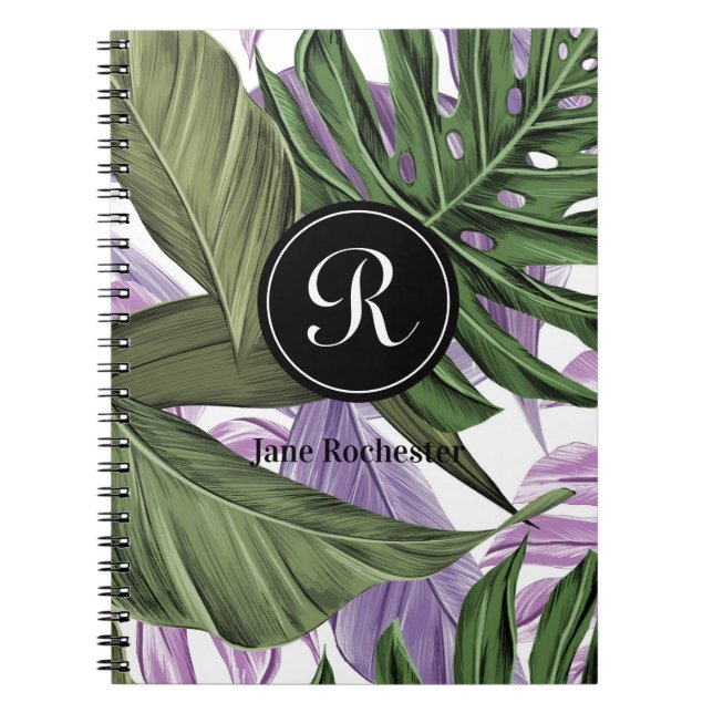 Tropical Summer Green Purple Leaves Monogram Notebook (Front)