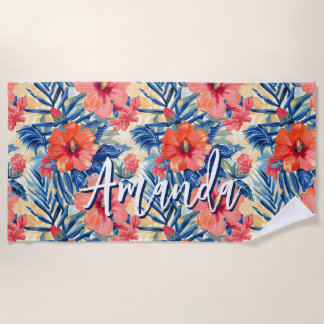 Tropical Summer Hibiscus Flowers Pattern Floral Beach Towel