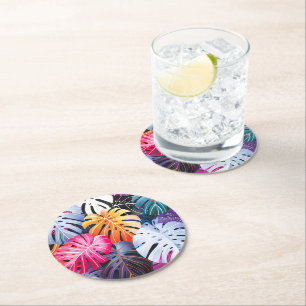 Tropical Summer Monstera Leaves Round Paper Coaster