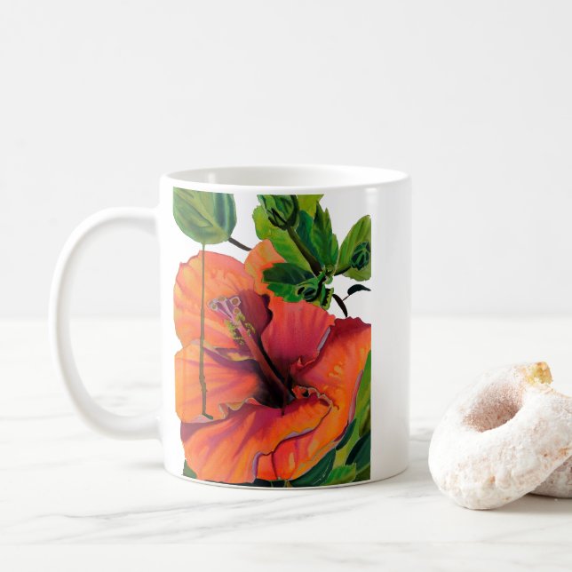 Tropical Summer orange hibiscus Coffee Mug (With Donut)