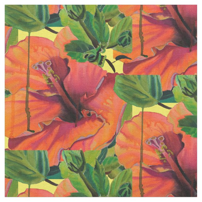 Tropical Summer orange hibiscus Fabric (Close Up)