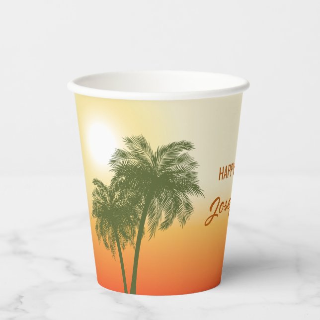 Tropical Summer Orange Sunset Sky Birthday Paper Cups (Front)