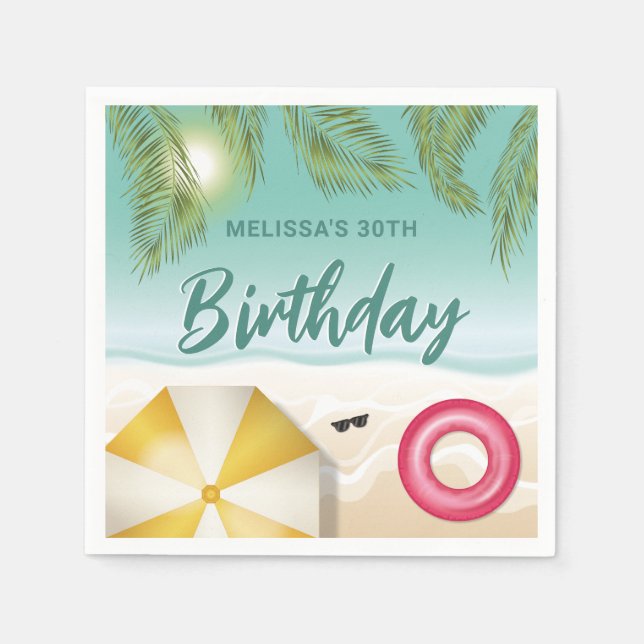 Tropical Summer Palm Leaves On Sand Beach Birthday Napkin (Front)