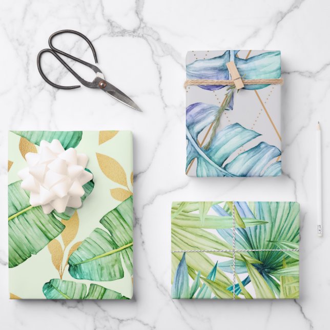 Tropical Summer Palm Leaves Pattern Wrapping Paper Sheet (Front)