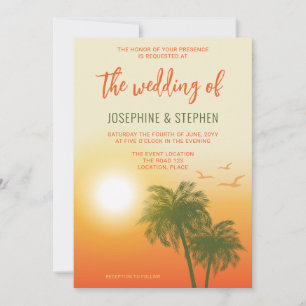 Tropical Summer Palm Trees Orange Sunset Wedding Invitation