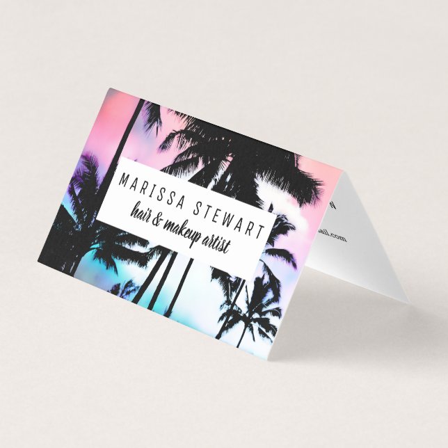 Tropical Summer Palm Trees Pink Blue Sunset Sky Business Card (Front)