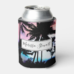 Tropical Summer Palm Trees Pink Blue Sunset Sky Can Cooler