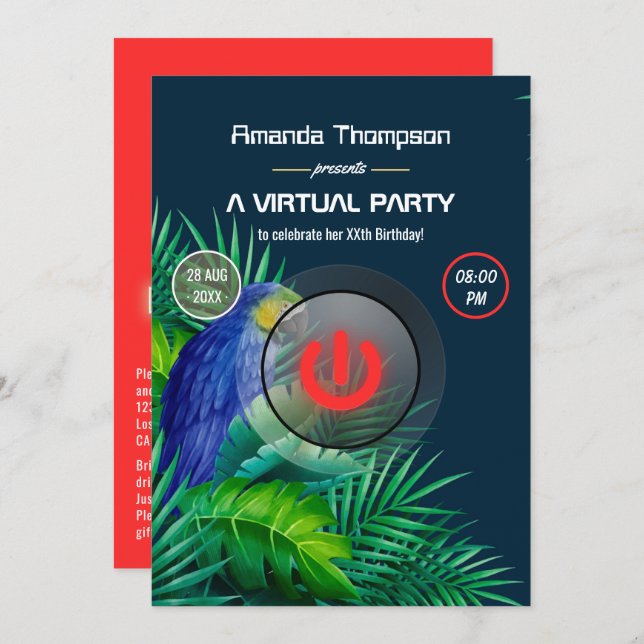 Tropical Summer Parrot Virtual Birthday Party Invitation (Front/Back)