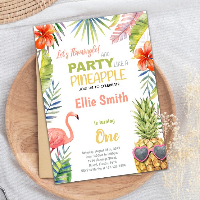 Tropical Summer Party Card for Girls (Red Flamingo & Pineapple Birthday Invitations)