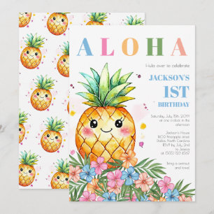 Tropical Summer Pineapple Aloha 1st Birthday Party Invitation