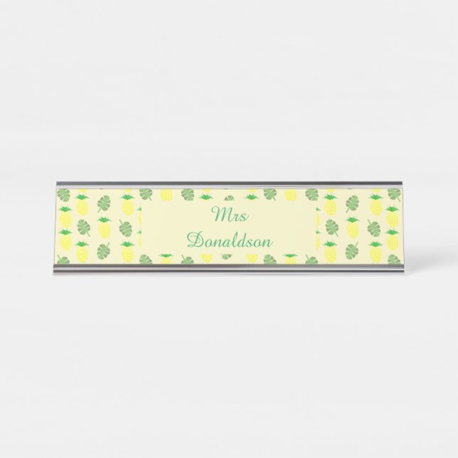 Tropical Summer Pineapple and Palm Leaves Pattern Desk Name Plate (Front)