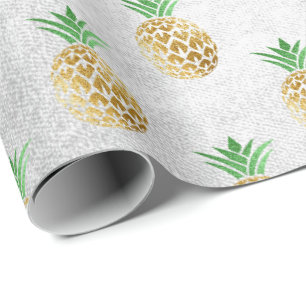 Tropical summer pineapple gold mint fruits grey wrapping paper