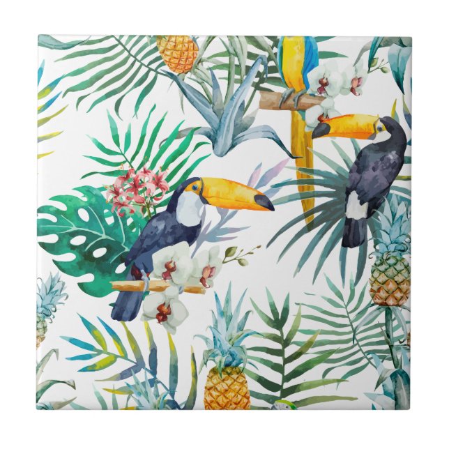 Tropical summer Pineapple Parrot Bird watercolor Ceramic Tile (Front)