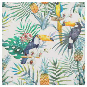 Tropical summer Pineapple Parrot Bird watercolor Fabric
