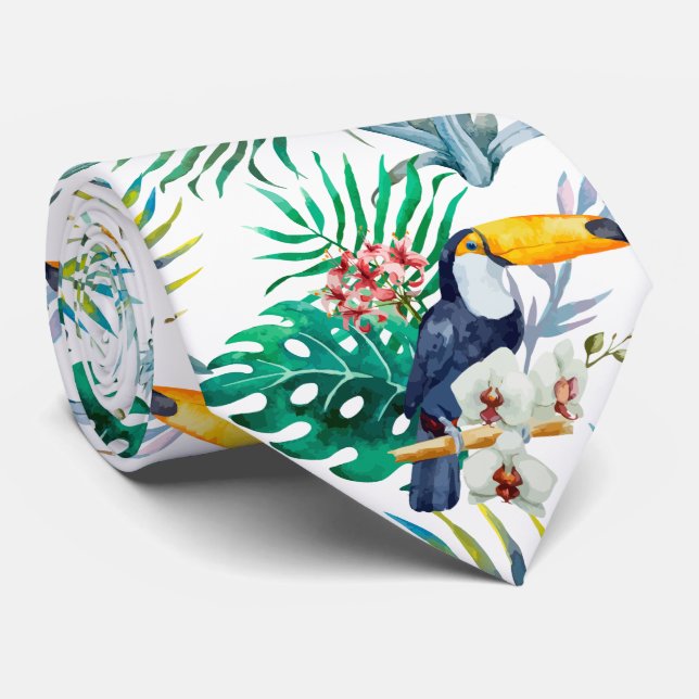Tropical summer Pineapple Parrot Bird watercolor Tie (Rolled)