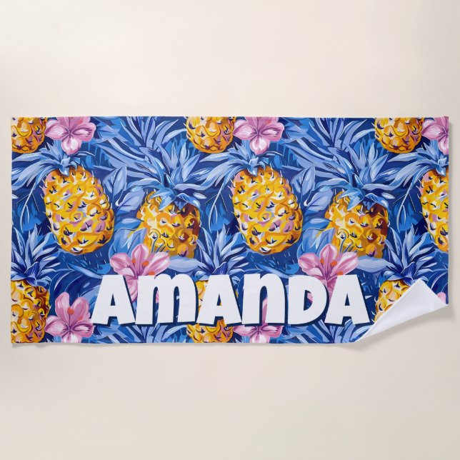 Tropical Summer Pineapple Pattern Floral Beach Towel (Front)