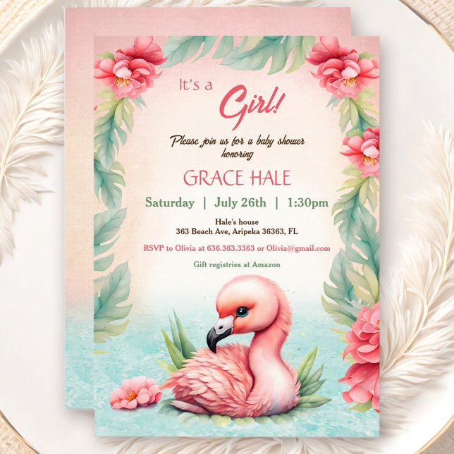 Tropical Summer Pink Flamingo Girl Baby Shower Invitation (Tropical Summer Pink Flamingo Girl Baby Shower Invitation)