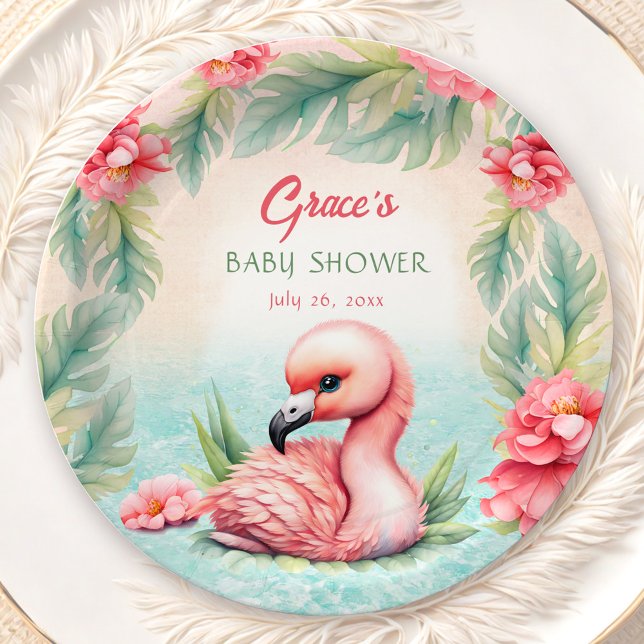 Tropical Summer Pink Flamingo Girl Baby Shower Paper Plate (Tropical Summer Pink Flamingo Girl Baby Shower Paper Plates)