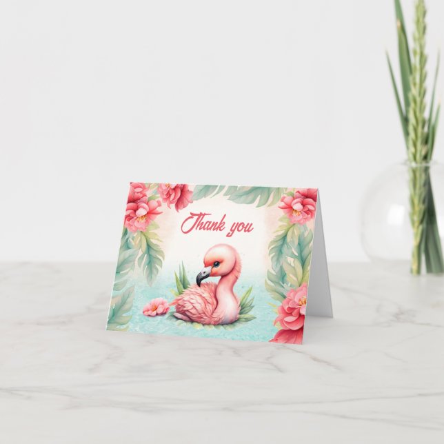 Tropical Summer Pink Flamingo Girl Baby Shower Thank You Card (Front)