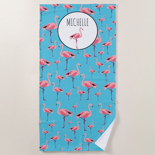 Tropical Summer Pink Flamingo Pattern Beach Towel (Front)