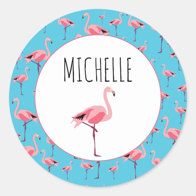 Tropical Summer Pink Flamingo Pattern Classic Round Sticker (Front)