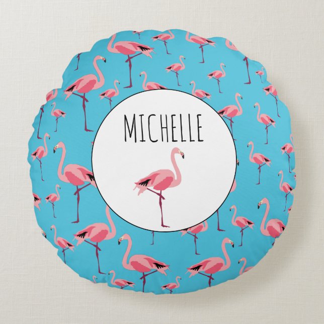 Tropical Summer Pink Flamingo Pattern Round Cushion (Front)