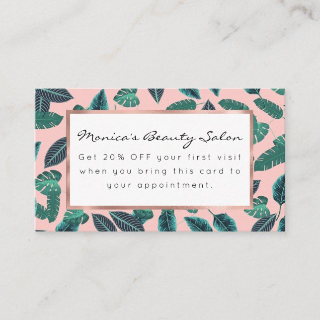Tropical Summer Pink Green Leaves Sunset Pattern Discount Card (Front)