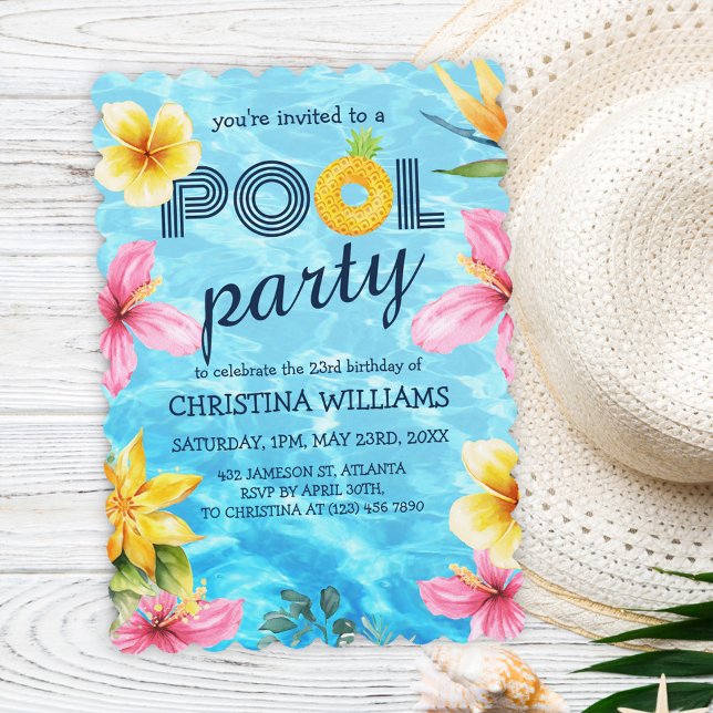Tropical Summer Pool Birthday Party Invitation (Tropical Summer Pool Birthday Party Invitation)