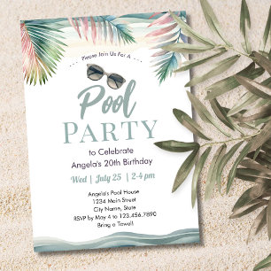 Tropical Summer Pool Party Birthday  Invitation
