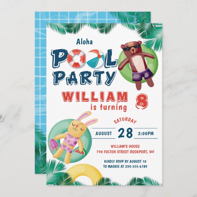 Tropical Summer Pool Party Birthday Invitation (Front/Back)
