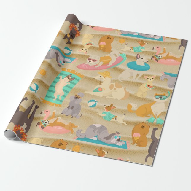 tropical summer sandy beach dogs cute wrapping paper (Unrolled)