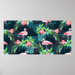 Tropical summer seamless pattern with flamingo bir poster