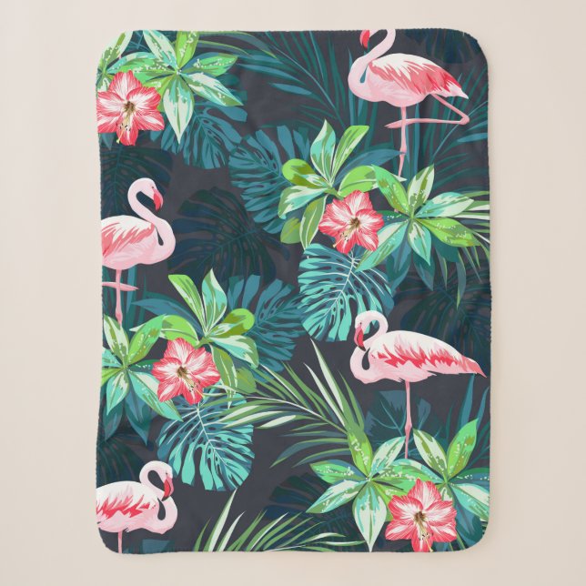 Tropical summer seamless pattern with flamingo bir sherpa blanket (Front)