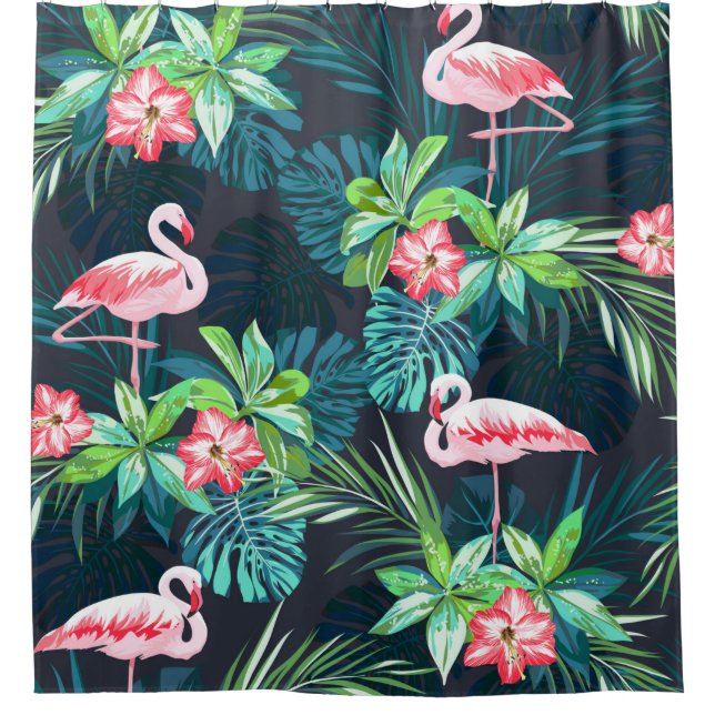 Tropical summer seamless pattern with flamingo bir shower curtain (Front)
