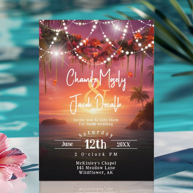 Tropical Summer Sunset Beach String Lights Wedding Invitation (Tropical Summer Beach String Lights Wedding Invitation)