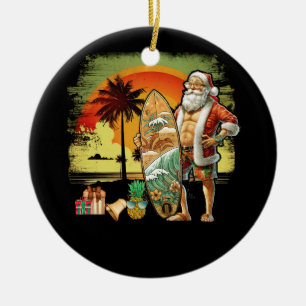 Tropical Summer Surfing Santa Claus 6 Pack Christm Ceramic Ornament