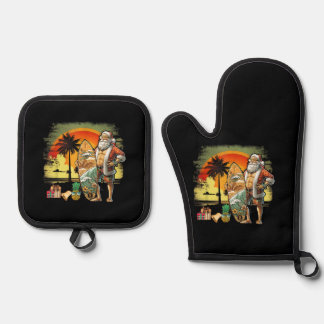 Tropical Summer Surfing Santa Claus 6 Pack Christm Oven Mitt & Pot Holder Set