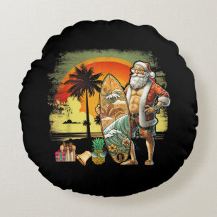 Tropical Summer Surfing Santa Claus 6 Pack Christm Round Cushion